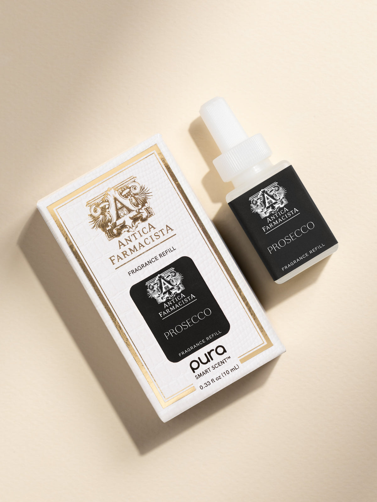Antica Farmacista Prosecco fragrance vial and packaging on a beige background