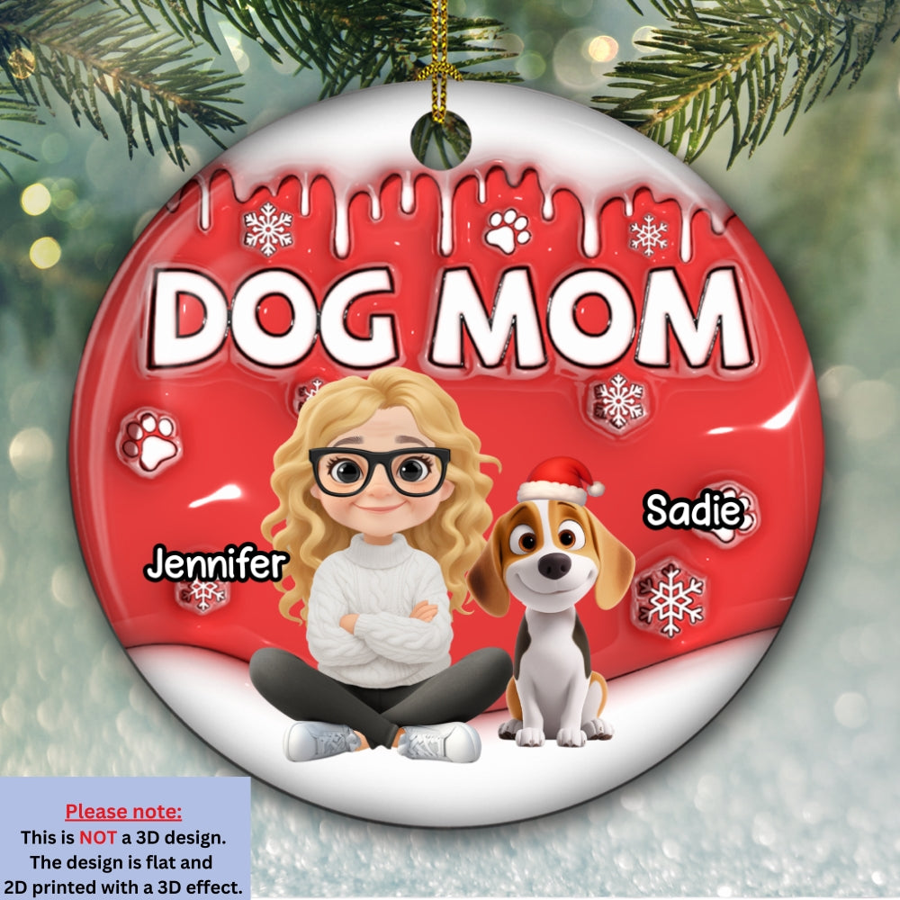 Custom Keepsake Christmas Ornament •  Dog Mom Cartoon In Christmas - Personalized 3D Inflated Effect Ceramic Ornament
