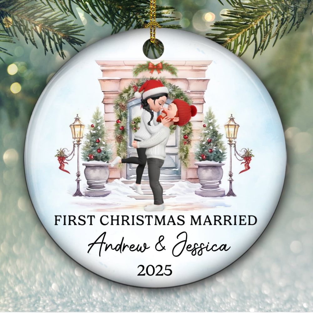 Custom First Christmas Ornament Married, Gift for Newlyweds •  Love Shines Bright This Christmas - Personalized Ceramic Ornament