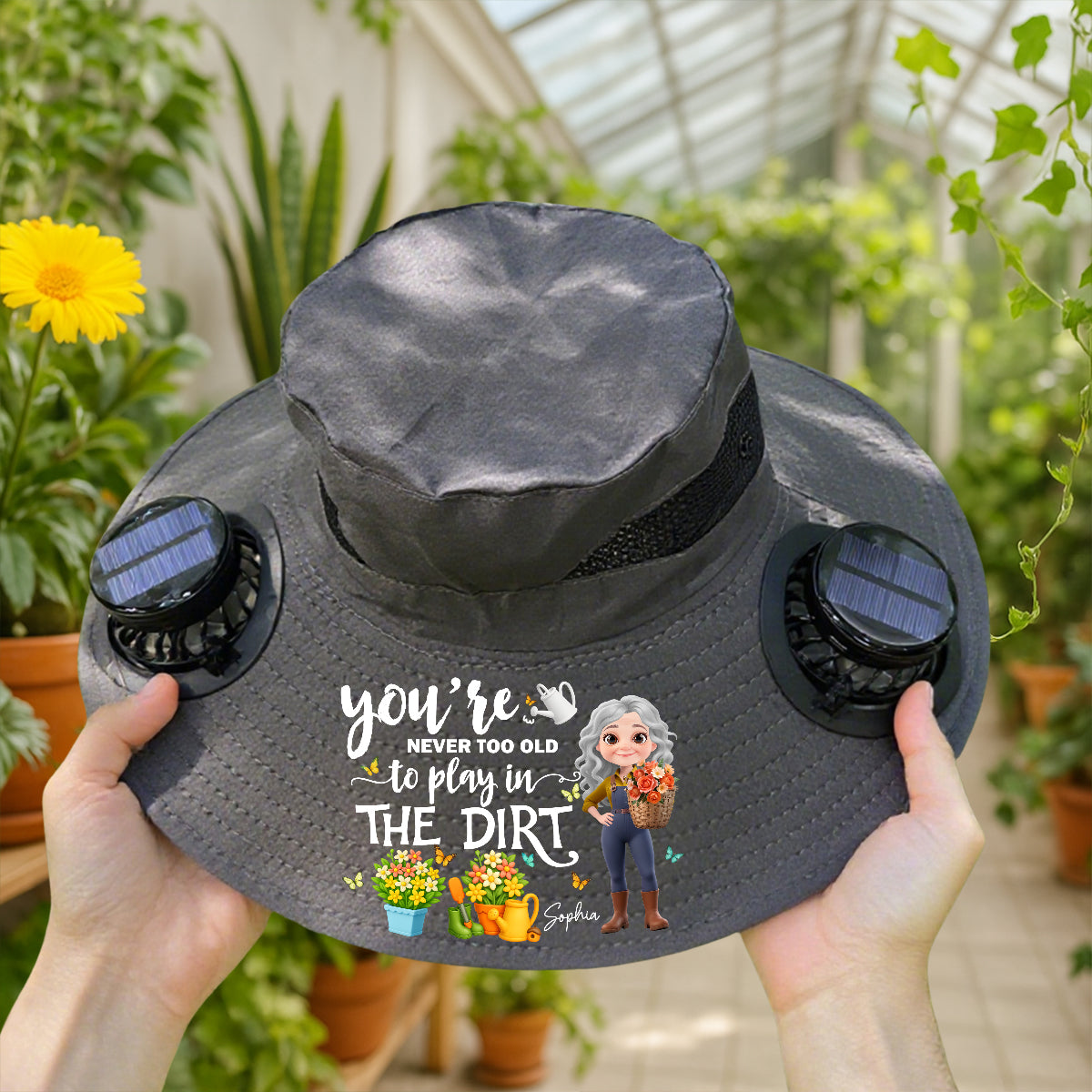 Never Too Old To Play In the Dirt - Personalized Solar Fan Hat
