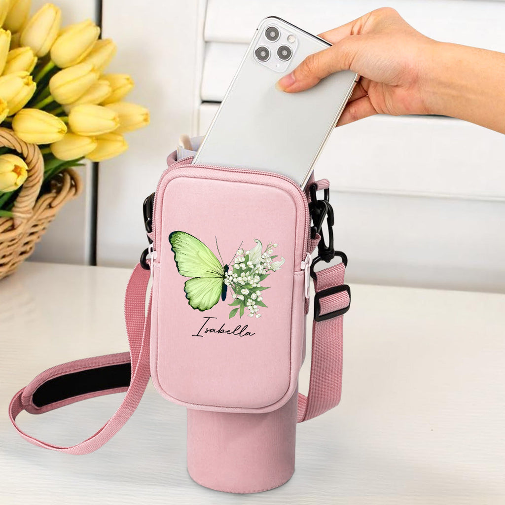 Butterfly Birthmonth Flower With Name - Personalized 40oz Water Bottle Carrier Bag