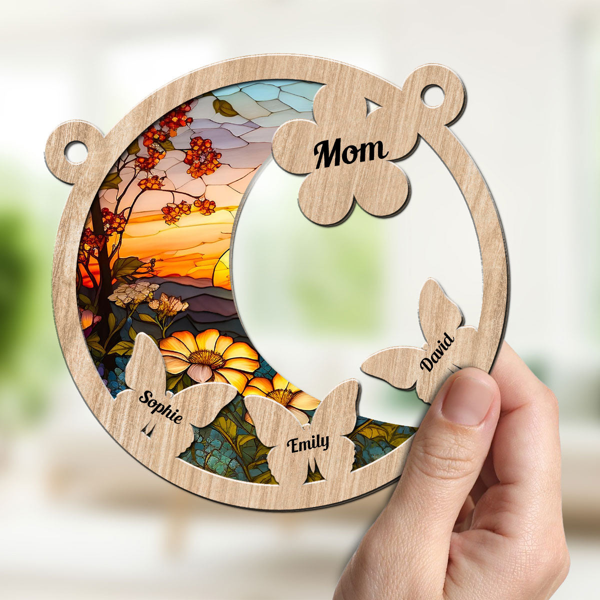 Custom Name Hanging Decor for Mom Daughter, Mother's Day Gifts • Whispers Of Butterflies And Flowers - Personalized Suncatcher