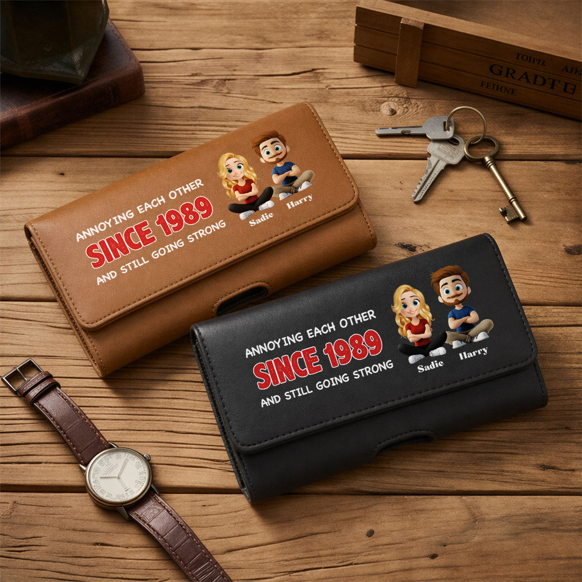 Together Forever - Personalized Leather Phone And Card Holster