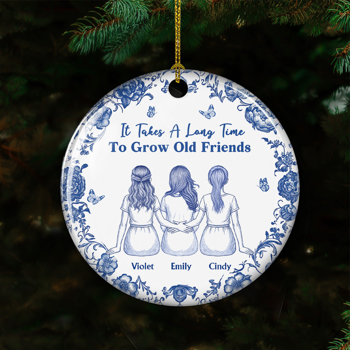 Custom Friendship Christmas Ornament, Best Friend Gift •  A True Friendship Blue Toile - Personalized Ceramic Ornament