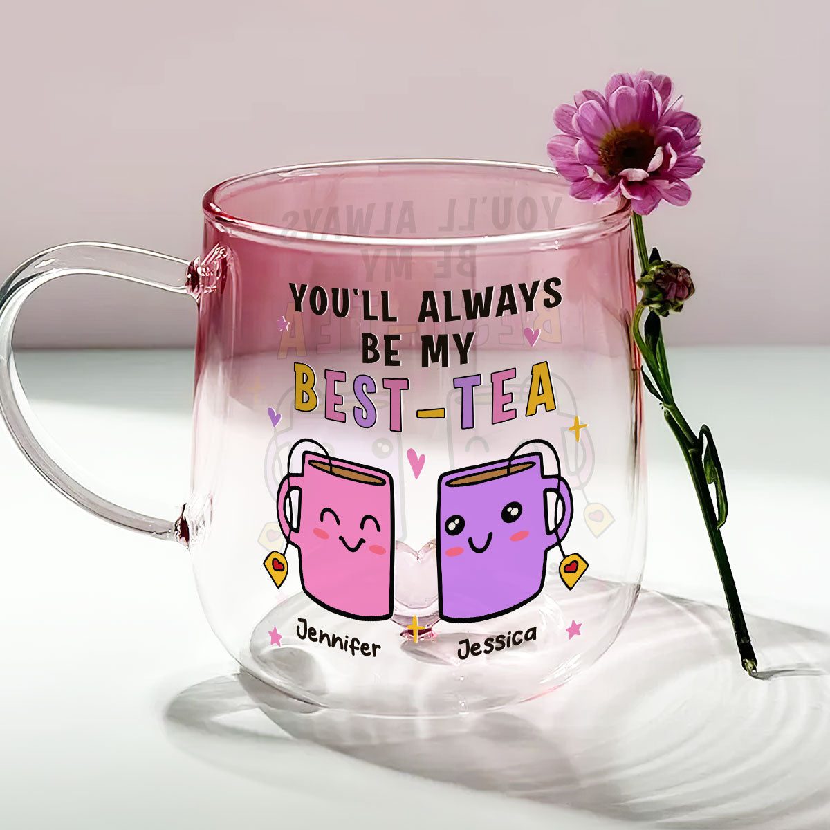 Custom Best Friend, Christmas & Birthday Friendship Keepsake Gift • You Will Always Be My Best Tea - Personalized Pink Gradient Glass Mug