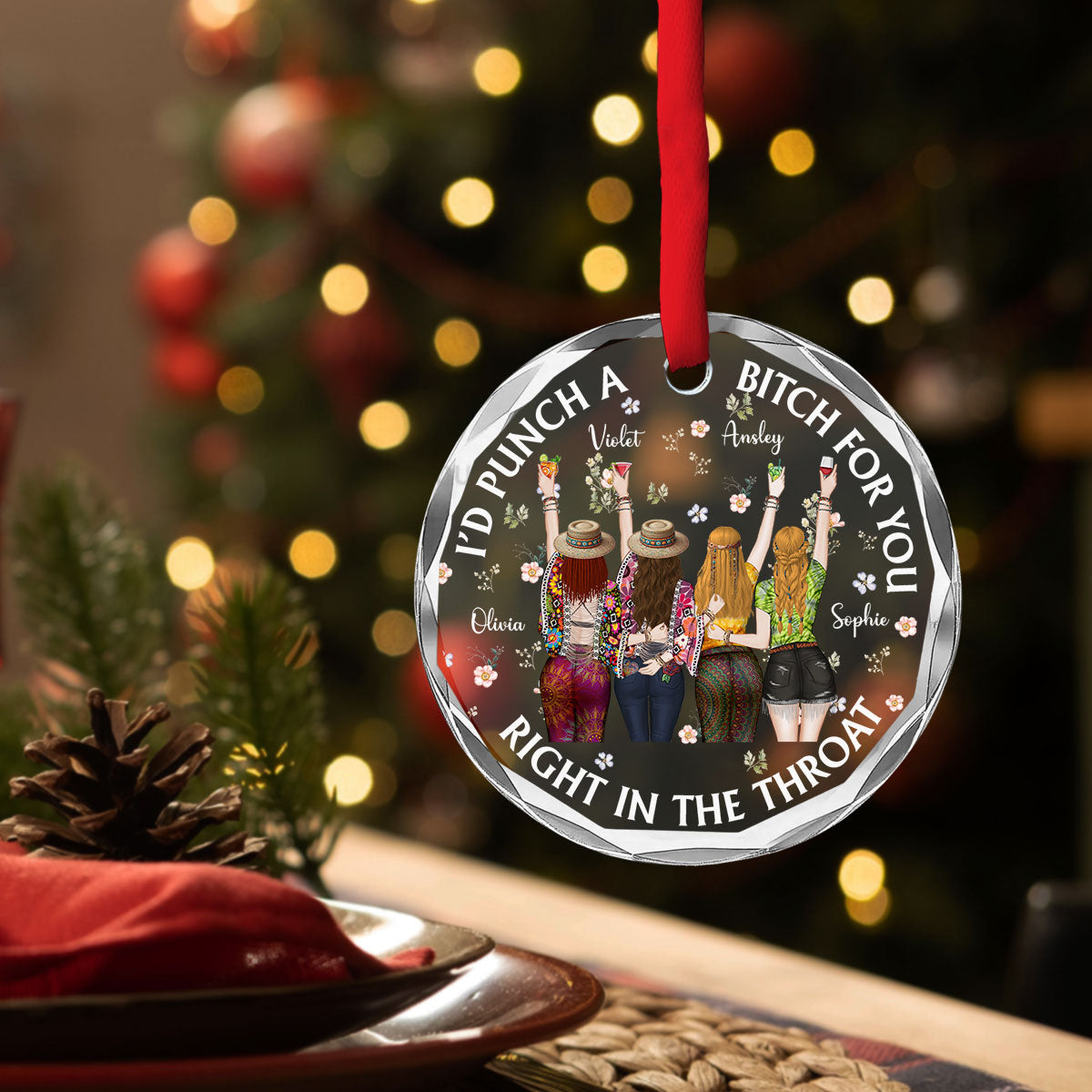 Custom Friendship Christmas Ornament, Best Friend Gift •  Punch Bitch Hippie Version - Personalized Glass Ornament