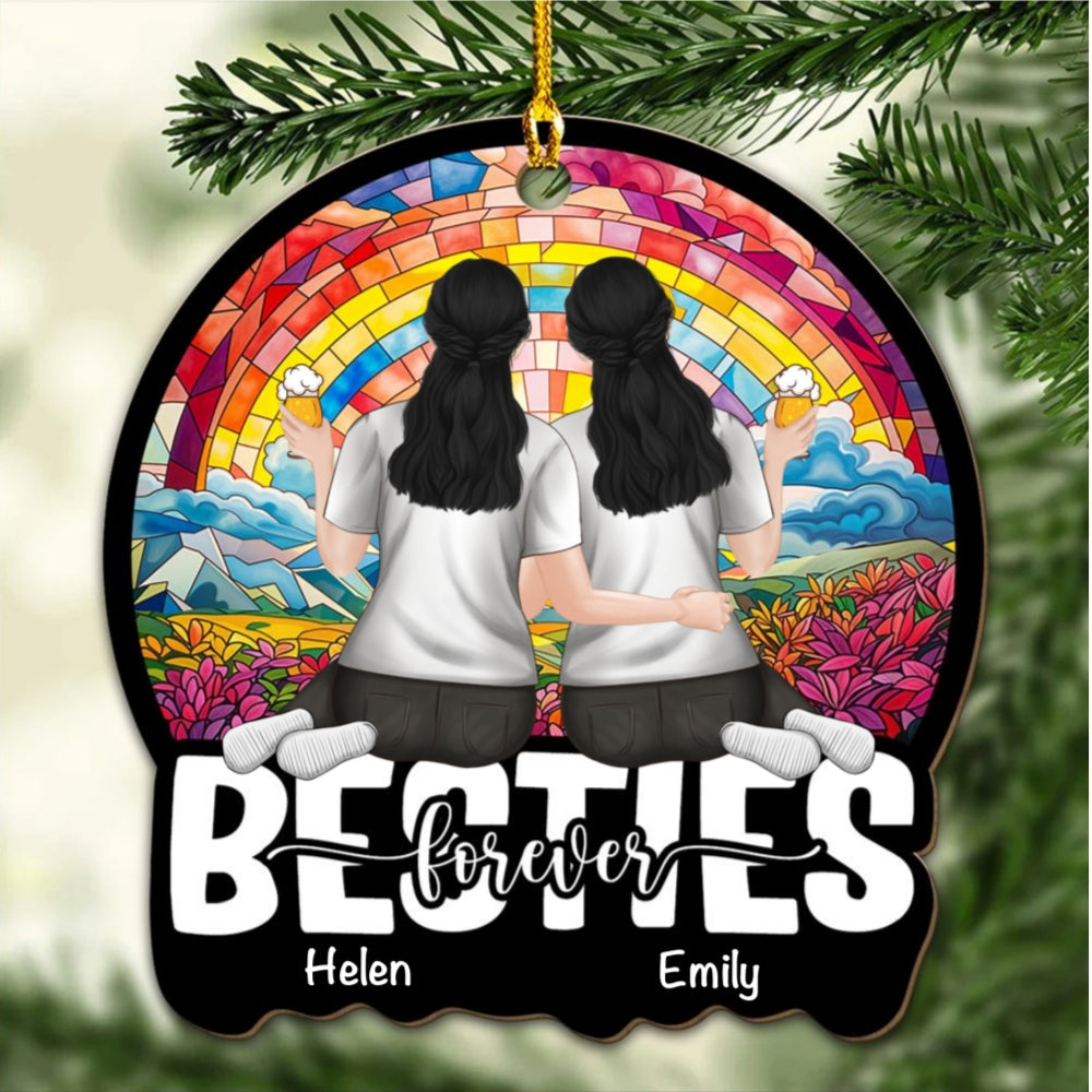 Custom Friendship Christmas Ornament, Best Friend Gift •  Besties Sitting Together - Personalized Wood Ornament