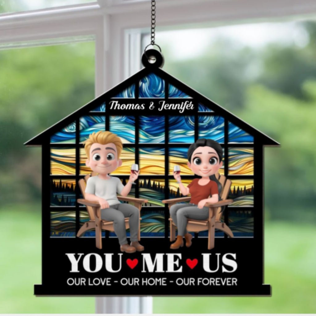 Custom Couple Hanging Decor, Anniversary Valentine's Day Gifts • Home Begins With Our Love - Personalized Suncatcher