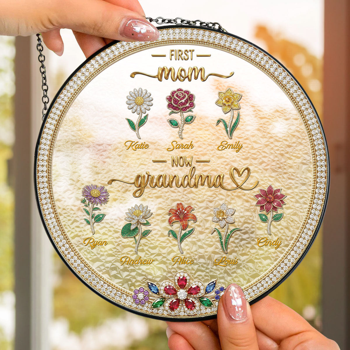 Custom Grandma Hanging Decor, Mother's Day Birthday Gifts • First Mom Now Grandma Flowers - Personalized Window Hanging Suncatcher