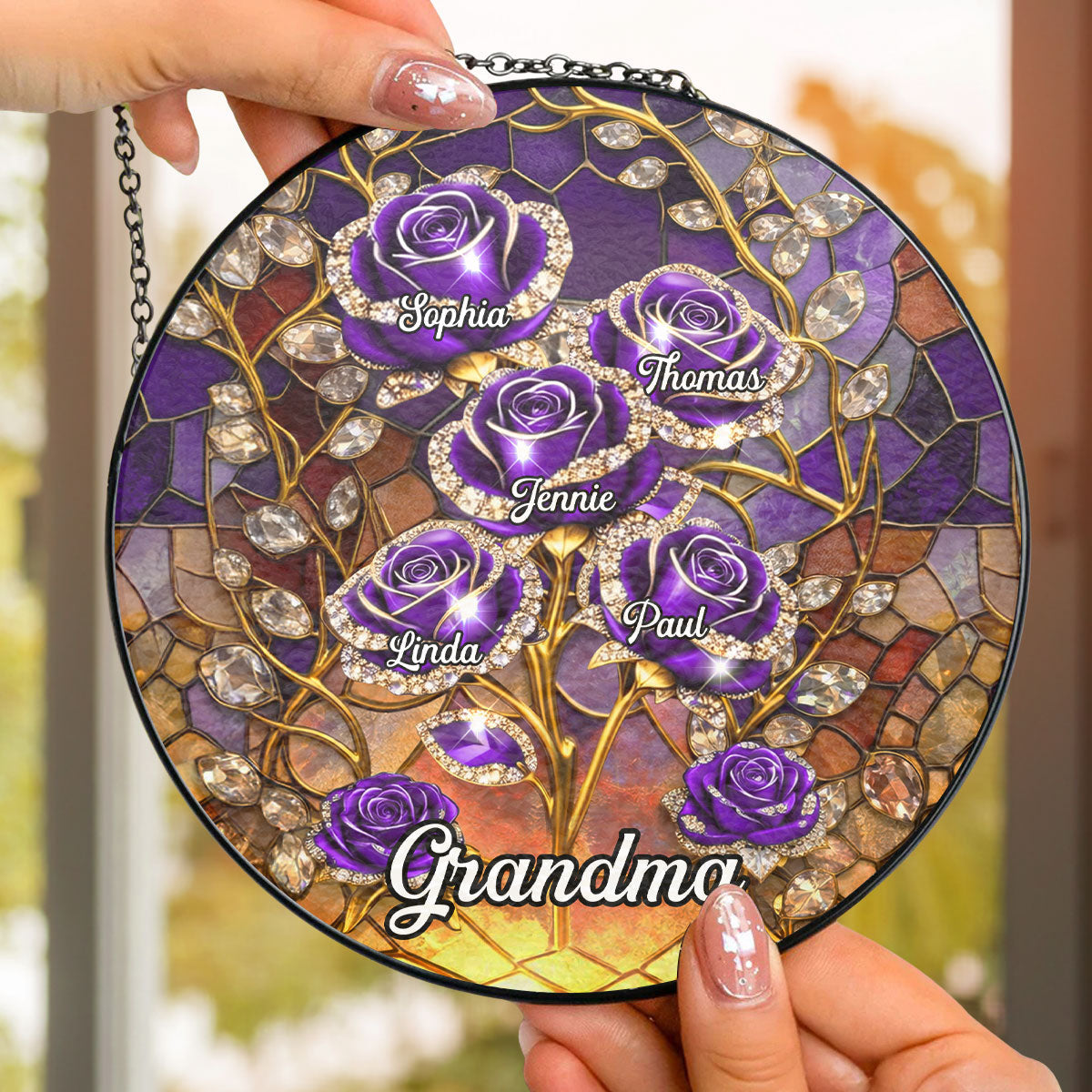 Custom Name Grandma Hanging Decor, Mother's Day Birthday Gifts • Rose Flower Grandma - Personalized Window Hanging Suncatcher