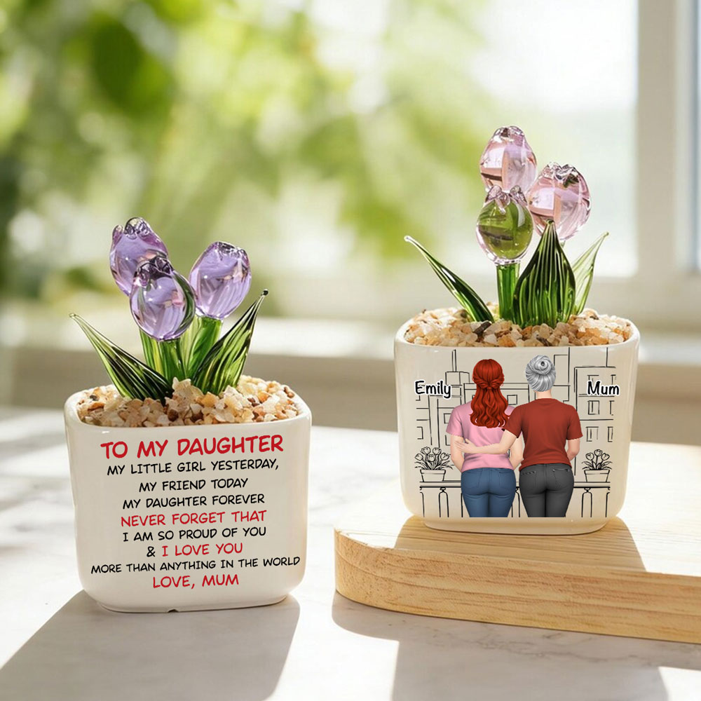 Custom Flower Keepsake, Meaningful Glass Home Decor Gift • Mom And Daughter Forever Back View - Personalized Glass Everlasting Tulips