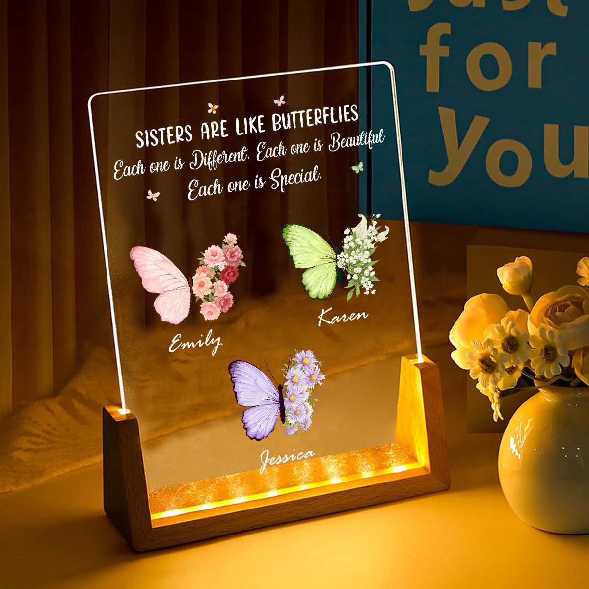 Custom Led Light Gift, Family Keepsake • Sisters Bloom In Different Ways - Personalized Night Light
