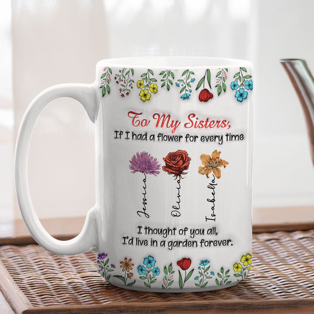 Custom Name & Birth Flower Birthday, Christmas Gift for Sister • My Garden Grows With Sisters - Personalized 3D Inflated Effect Mug