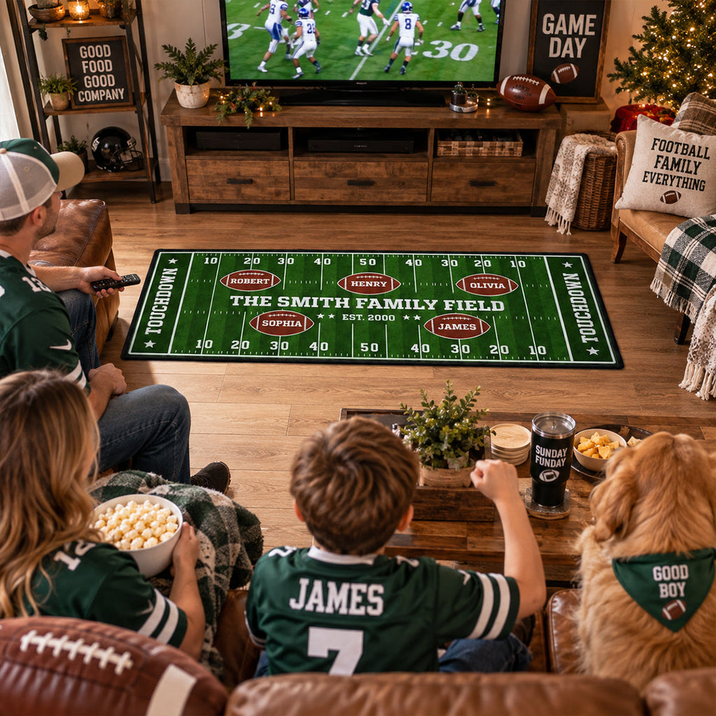 Custom Family Name Rug, Housewarming Birthday Gift For Family Members • Our Team Our Home Field - Personalized Runner Rug