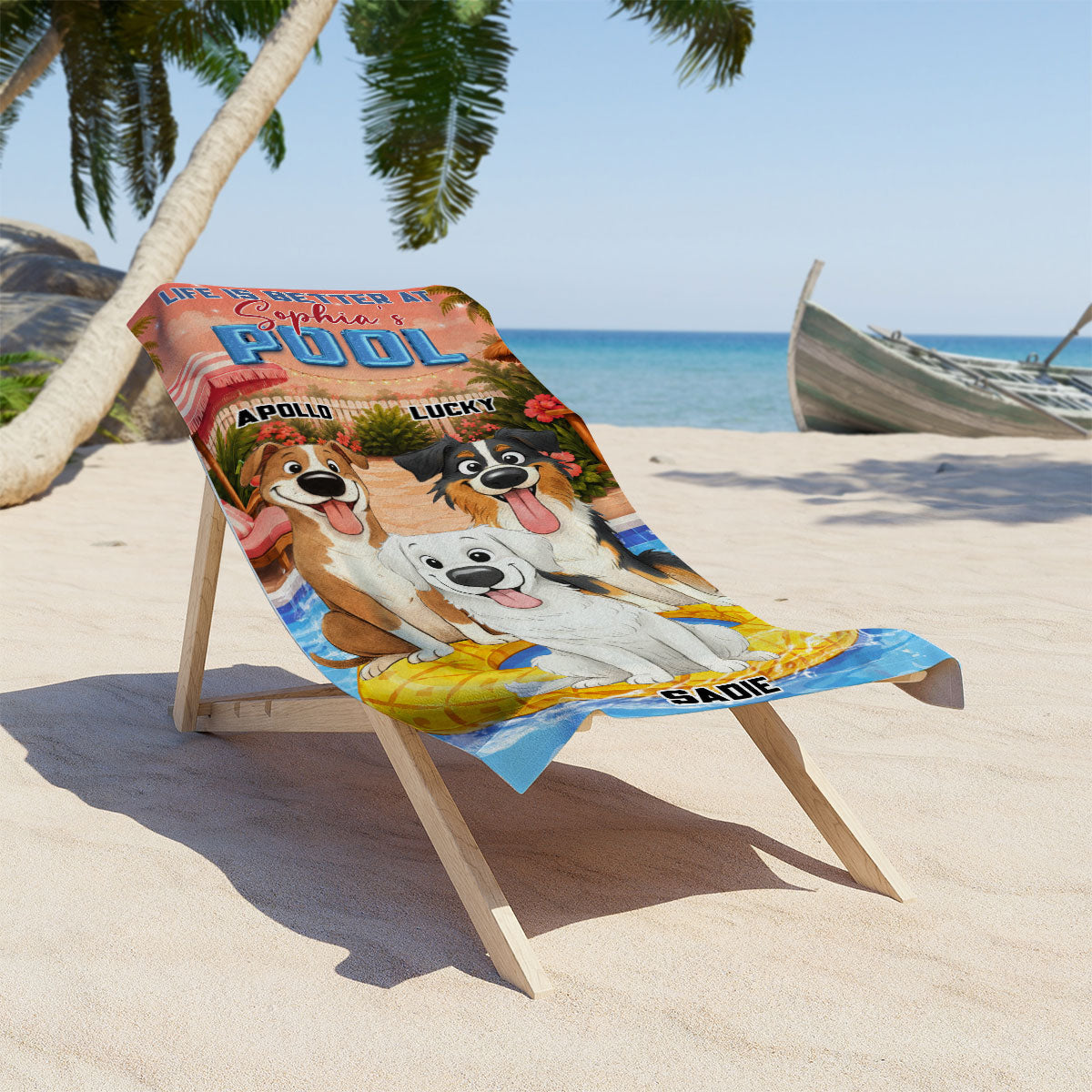 Stylized Cartoon Dog Pool - Personalized Beach Towel