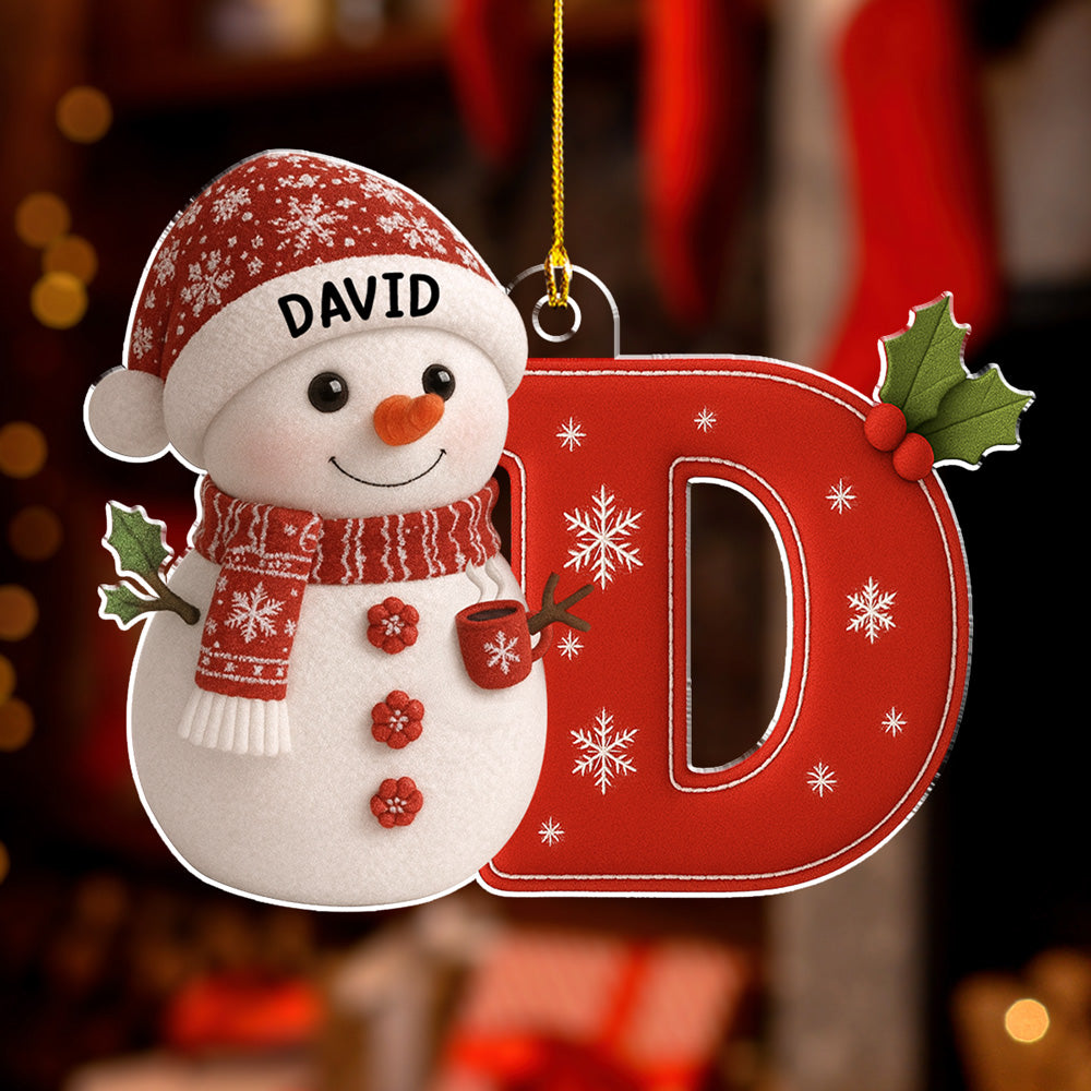 Custom Initial Christmas Ornament Stocking Tag with Name • Little Snowman Joy With Letter - Personalized Acrylic Ornament