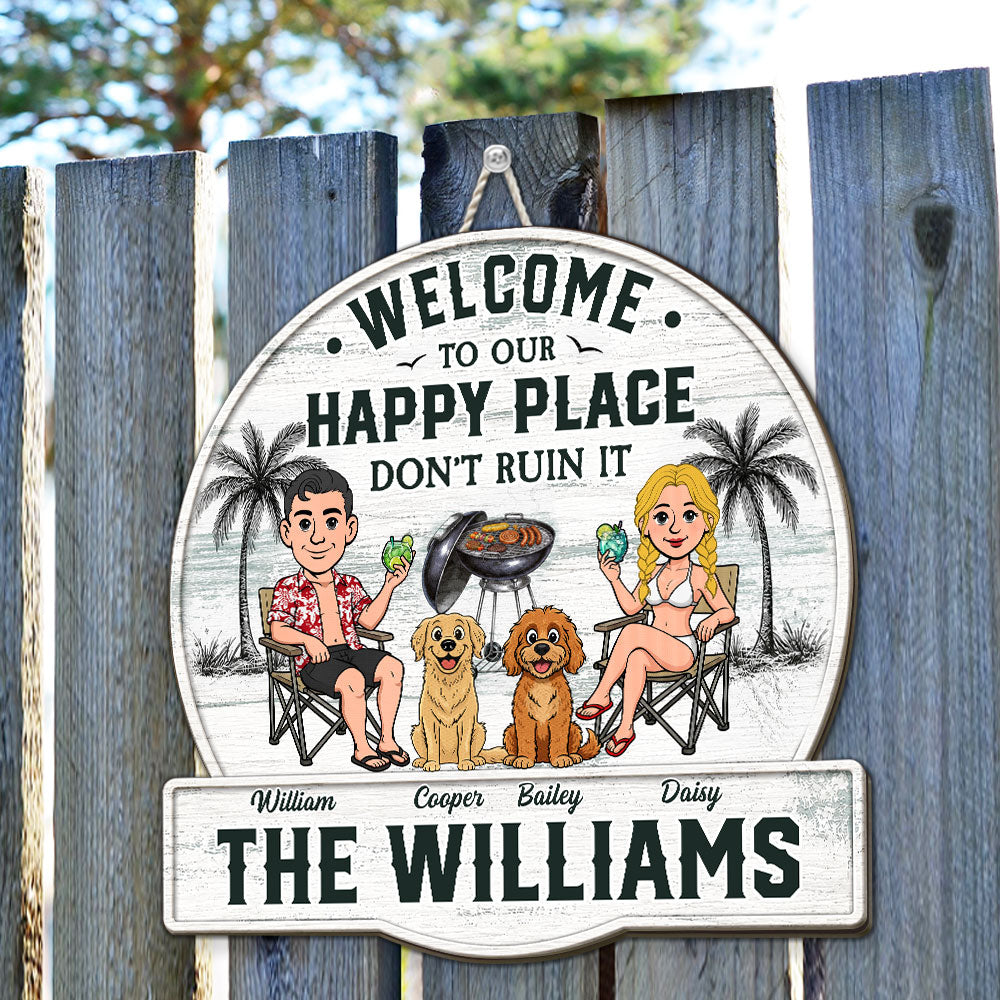 Custom Family Summer Backyard, Patio & Porch Decor • Happiness Happens Right Here - Personalized Wood Sign