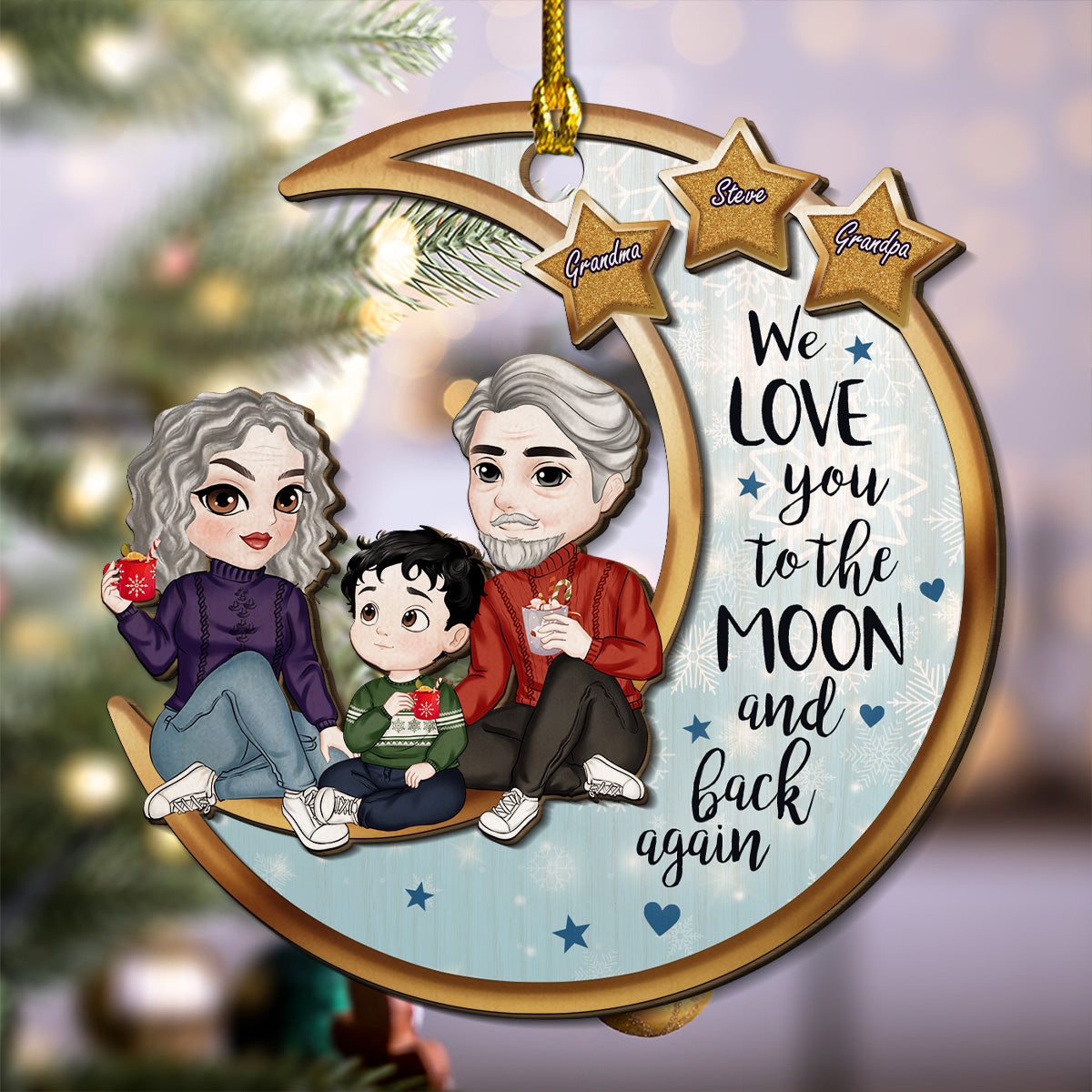 Custom Family Ornament, Christmas Gift for Family Members •  Grandparents And Grandkid On The Moon - Personalized 2-Layered Wood Ornament