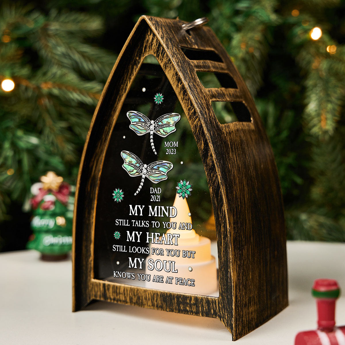 Custom Name Memorial Christmas Table Light, Remembrance Gift • Dragonfly My Mind My Heart My Soul - Personalized Table Lantern
