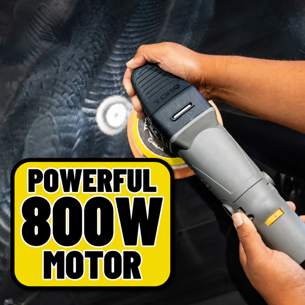 TORQX Random Orbital Polisher in use on car paint - powerful 800W motor