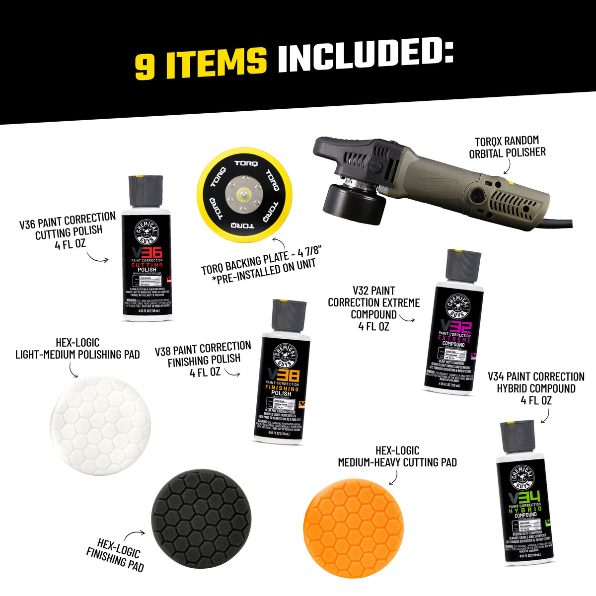 TORQX Random Orbital Polisher Kit - 9 items included: TORQX polisher, TORQ backing plate, hex-logic pads, and V32, V34, V36, V38 compounds and polishes