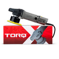 TORQX Random Orbital Polisher with gray body, black handle, and yellow hex-logic pad, resting on its red and white TORQ retail box