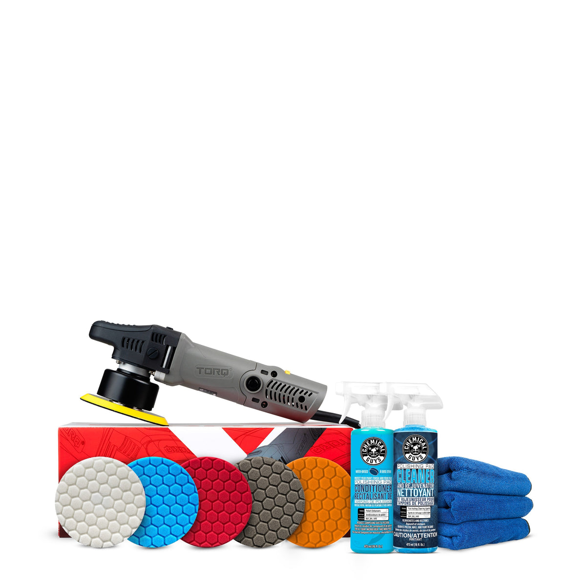 TORQX Complete Detailing Kit - orbital polisher with five hex-logic pads in white, blue, red, gray, and orange, two TORQ compound and polish bottles, and blue microfiber towels, on retail box