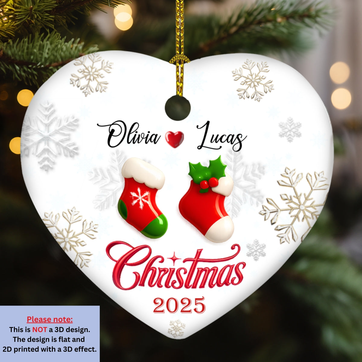 Custom Couple Christmas Ornament, Anniversary Gift •  Our Matching Socks - Personalized 3D Effect Heart Ceramic Ornament