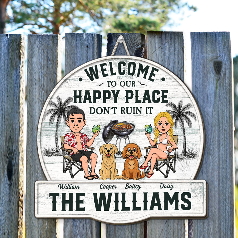 Custom Family Summer Backyard, Patio & Porch Decor • Happiness Happens Right Here - Personalized Wood Sign