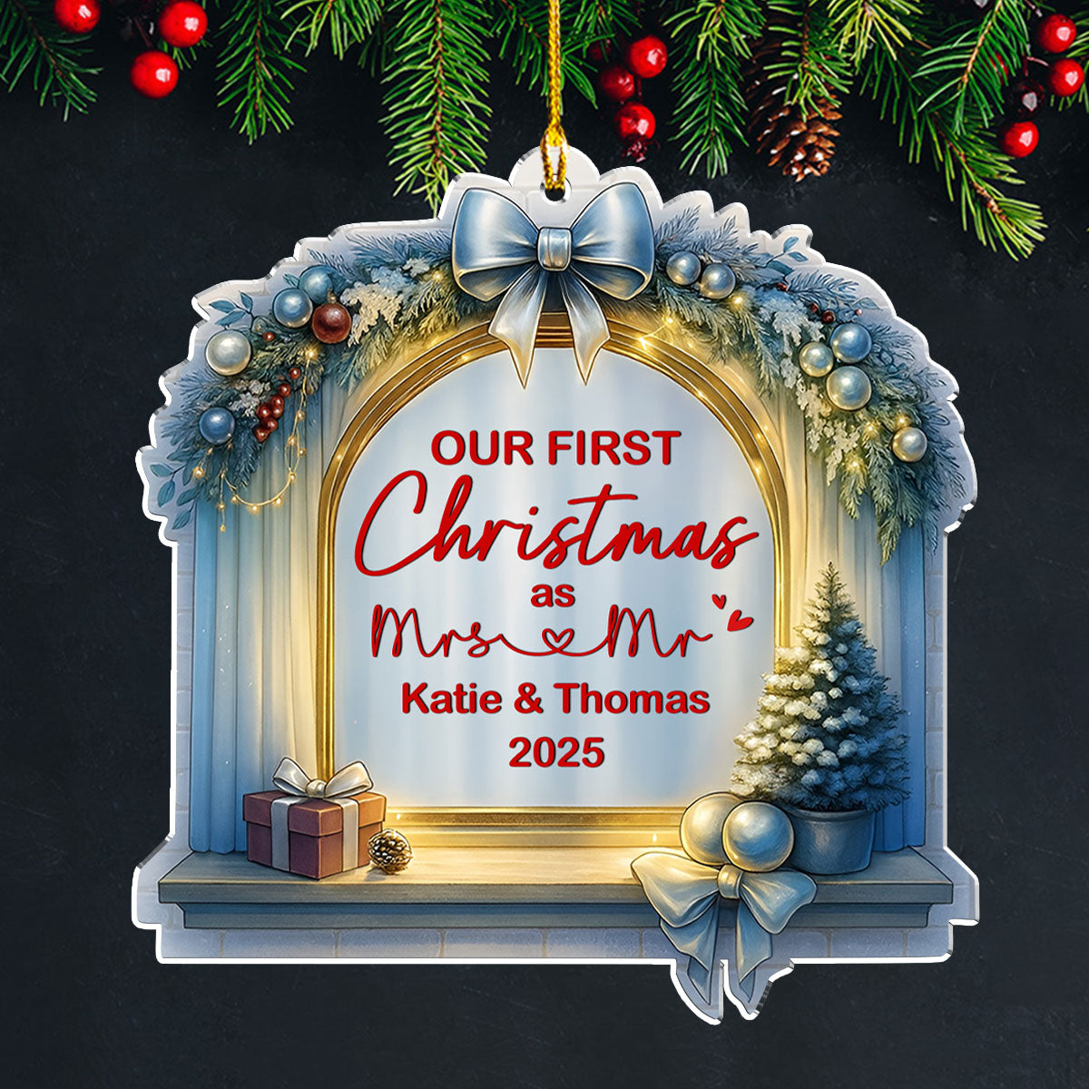 Custom First Christmas Ornament Married, Gift for Newlyweds •  First Christmas - Personalized Acrylic Ornament