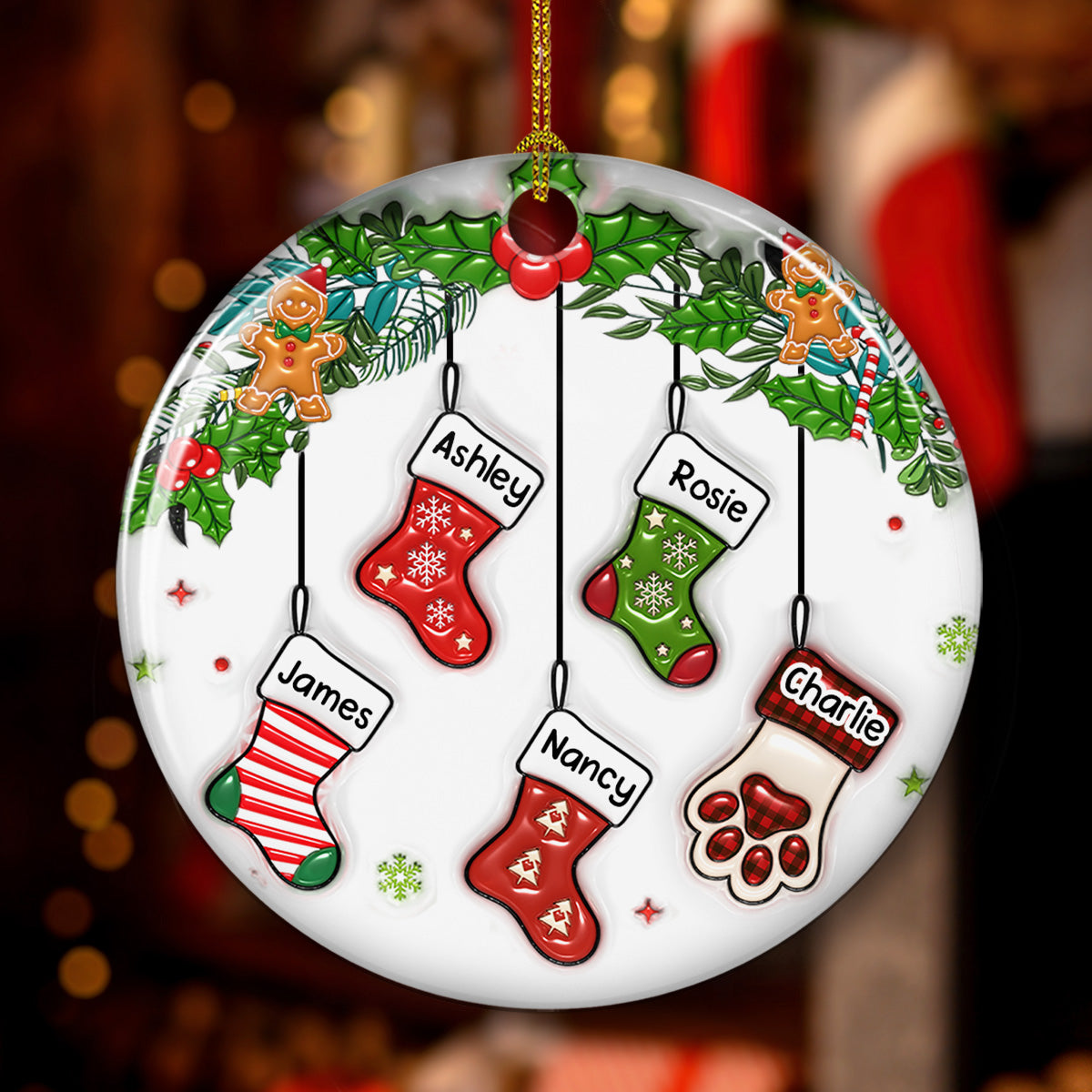 Custom Family Ornament, Christmas Gift for Family Members •  Family Stocking - Personalized 3D Inflated Effect Ceramic Ornament