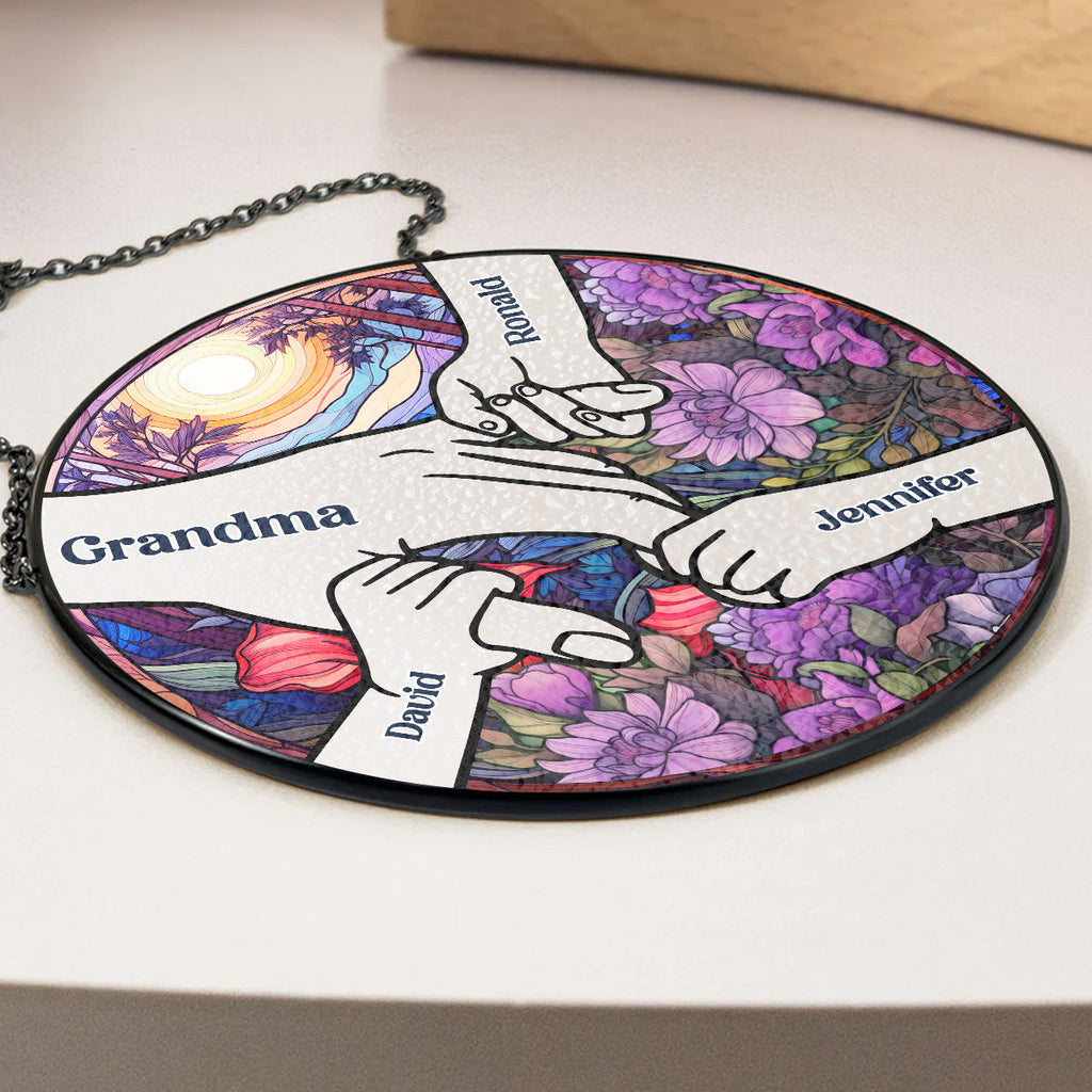 Custom Name Grandma Hanging Decor, Mother's Day Birthday Gifts • Hold Our Hands And Our Hearts - Personalized Window Hanging Suncatcher