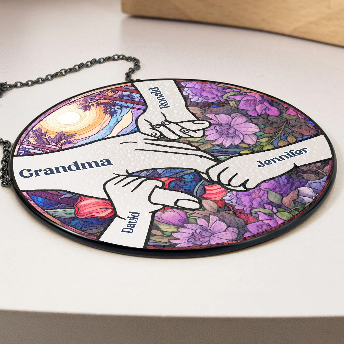 Custom Name Grandma Hanging Decor, Mother's Day Birthday Gifts • Hold Our Hands And Our Hearts - Personalized Window Hanging Suncatcher