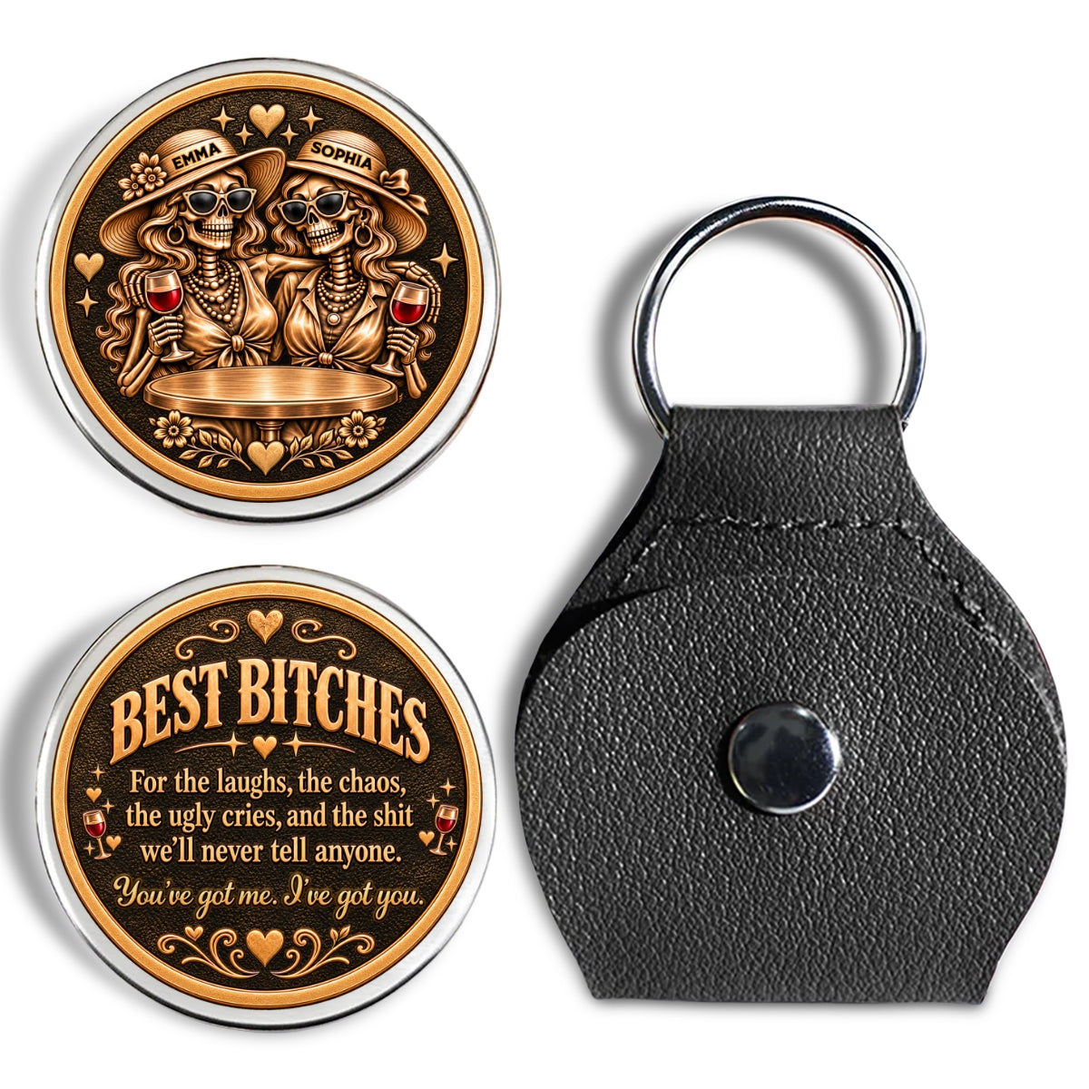 Custom Besties Coin Keychain, Friendship Birthday Gifts • Chaos Together - Personalized 3D Printing Pocket Hug