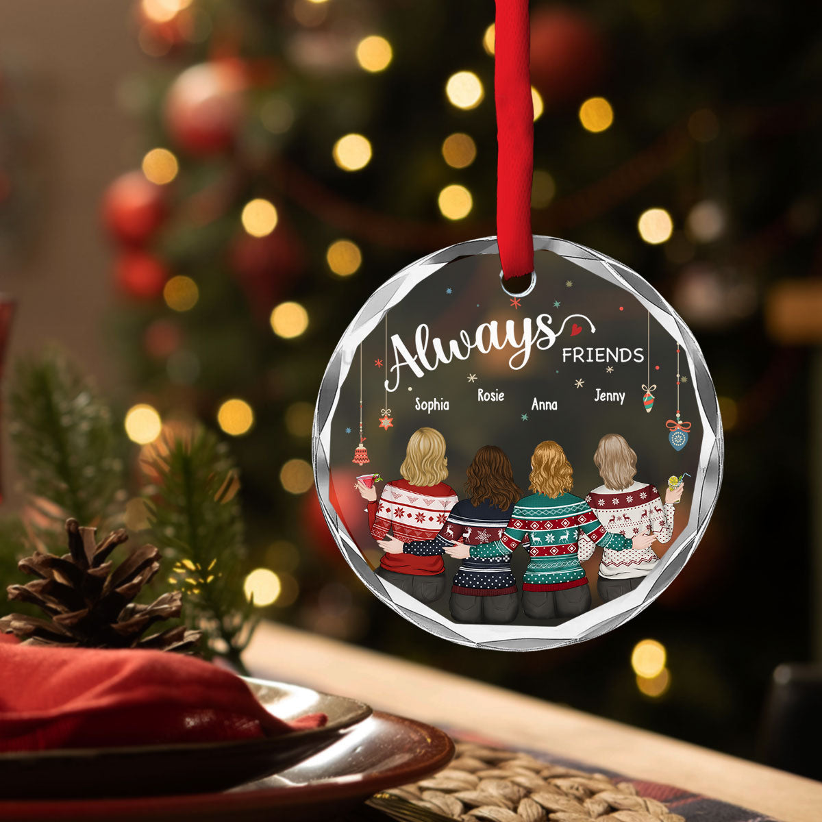 Custom Friendship Christmas Ornament, Best Friend Gift •  Always My Sister Forever My Friend - Personalized Glass Ornament