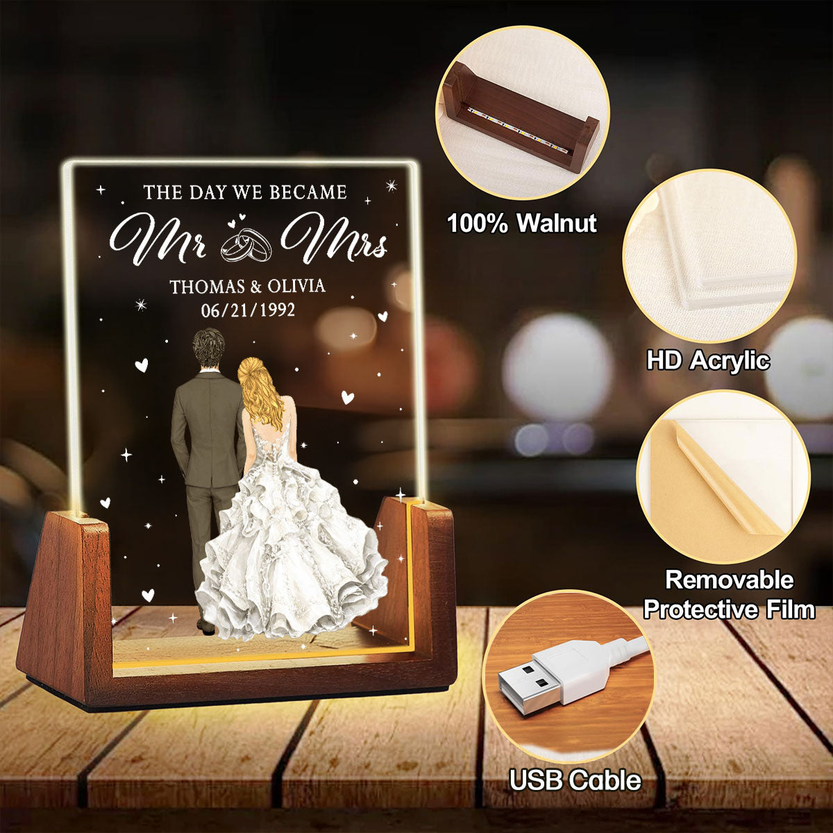 Custom Couple Gift for Anniversary, Valentine's Day, Christmas • The Day We Became Mr And Mrs - Personalized Night Light