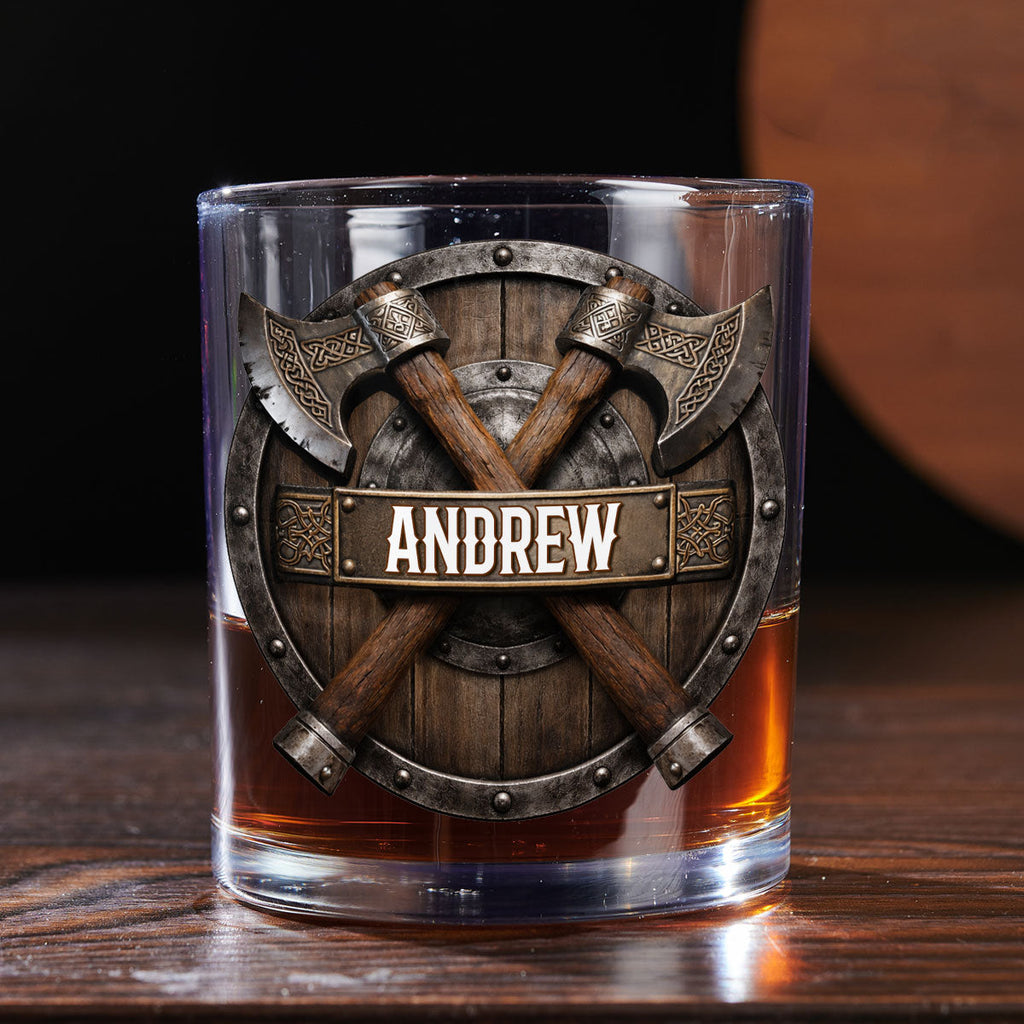 Custom Christmas Anniversary Birthday Drinkware Gifts for Husband • Viking Warrior Shield - Personalized Whiskey Glass