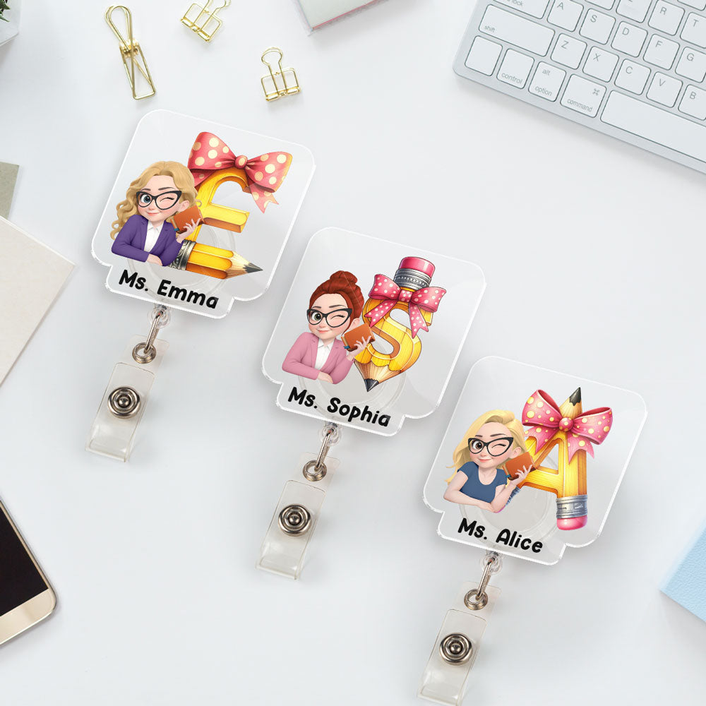 Custom Teacher Character ID Holder, Back To School Gift • Alphabet Cartoonize - Personalized Acrylic Badge Reel
