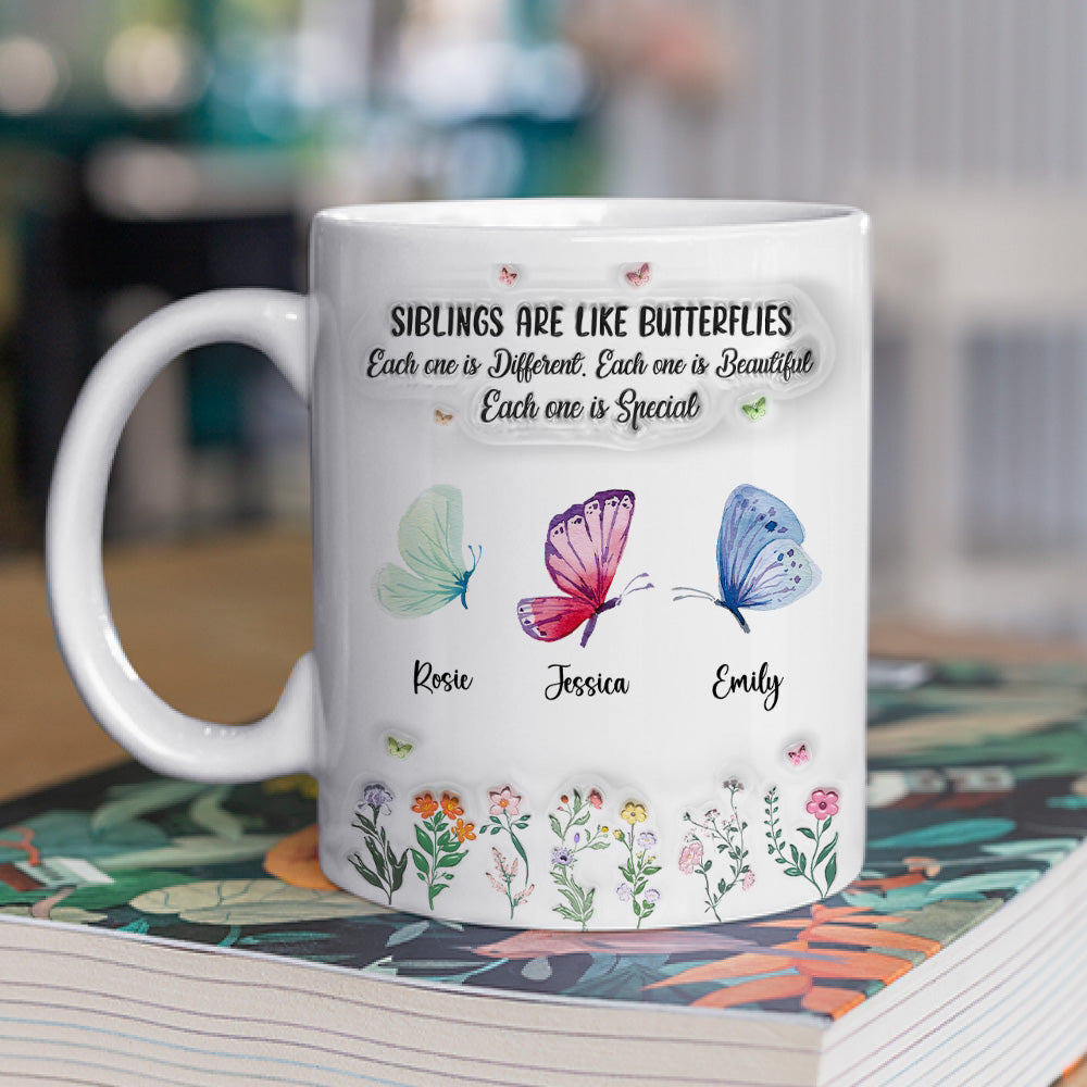 Custom Christmas & Birthday Keepsake Gift • Siblings Are Like Butterflies - Personalized 3D Inflated Effect Mug