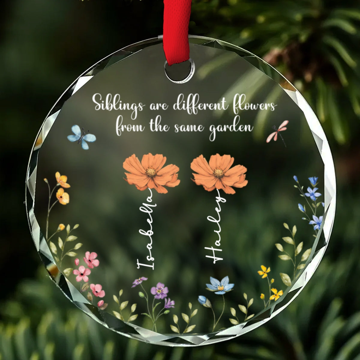 Custom Family Ornament, Christmas Gift for Family Members •  Siblings Are Different Flowers From The Same Garden - Personalized Glass Ornament