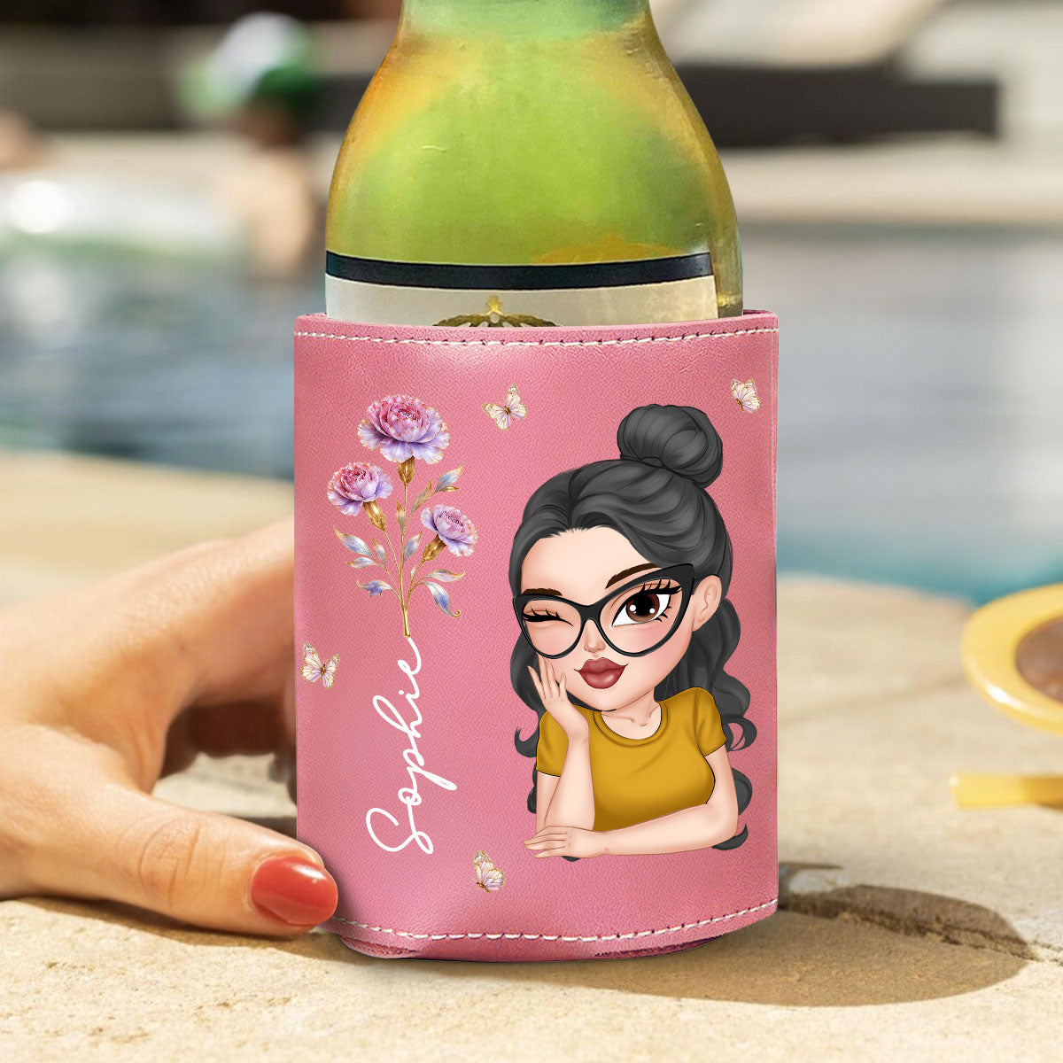 Floral Girl - Personalized Pink Leather Can Cooler Holder