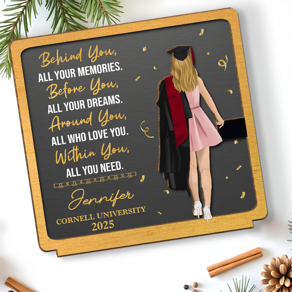 Custom Decor, Christmas Birthday Anniversary Gift Keepsake • Memories Behind Dreams Ahead - Personalized 2-Layer Wood Plaque With Flat Base