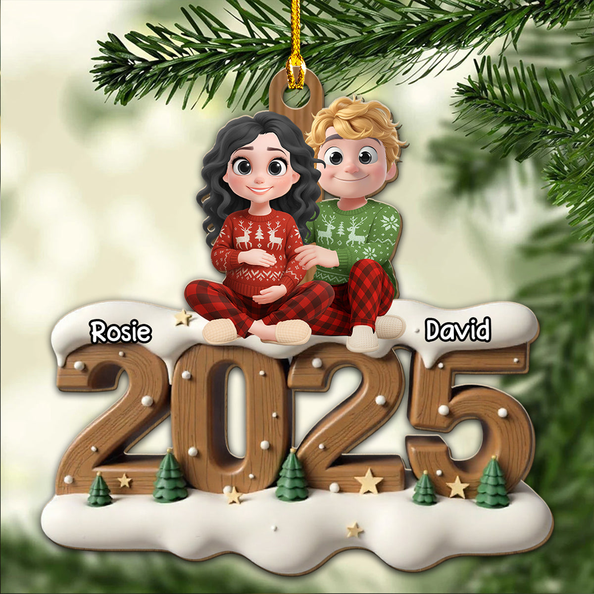 Custom Family Ornament, Christmas Gift for Family Members •  Expecting Parents - Personalized 3D Effect Wood Ornament