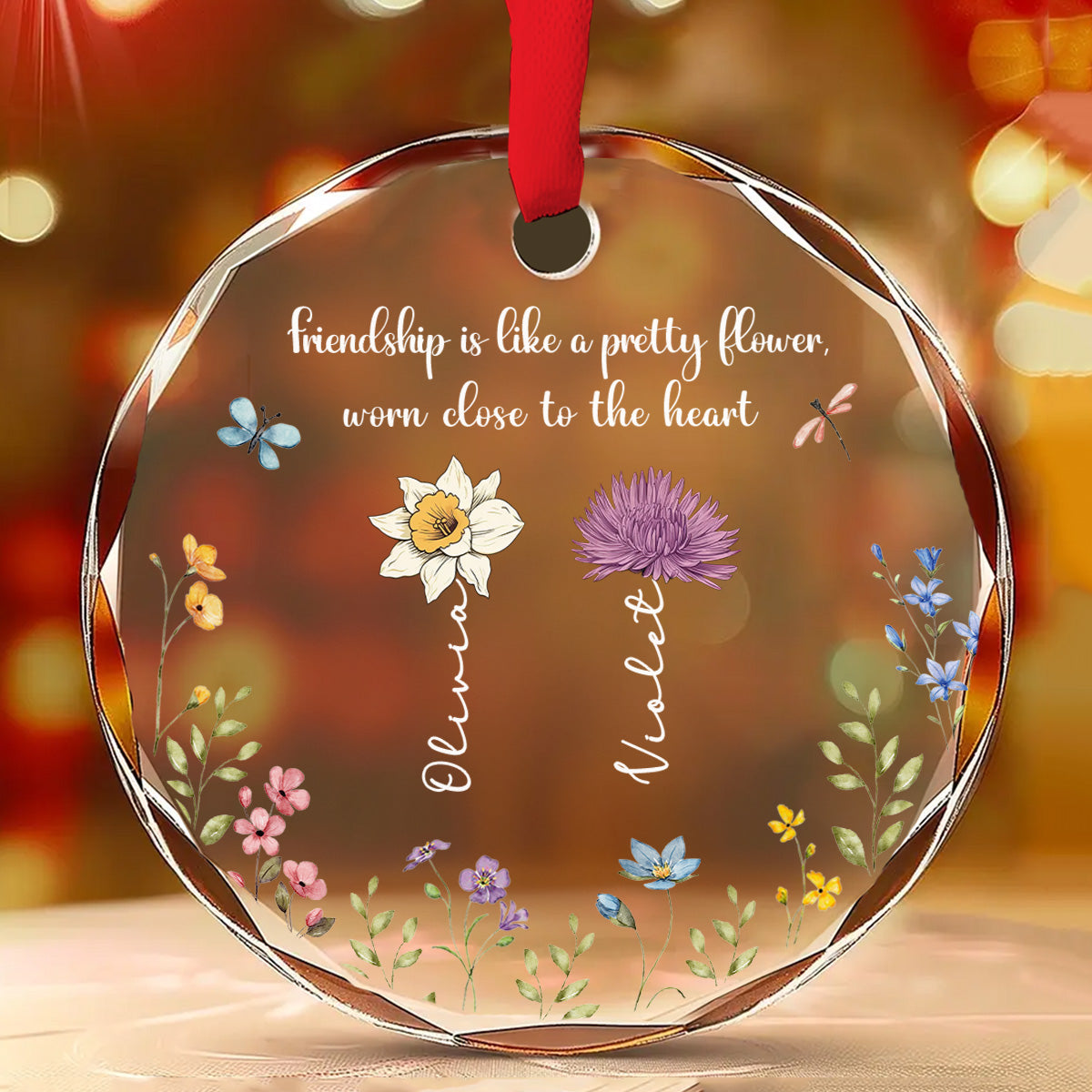 Custom Keepsake Christmas Ornament •  Friendship Blooms Where Hearts Connect - Personalized Glass Ornament