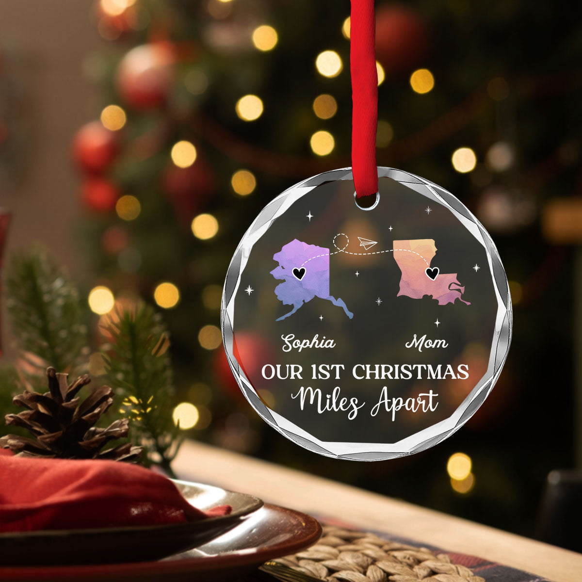 Custom Family First Christmas Ornament •  Our Christmas Miles Apart Same Love - Personalized Glass Ornament