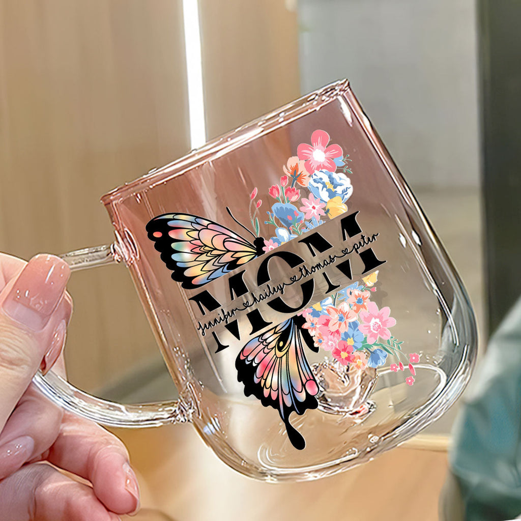 Custom Mother's Day Gift for Mom & Grandma • Lovely Butterfly - Personalized Pink Gradient Glass Mug