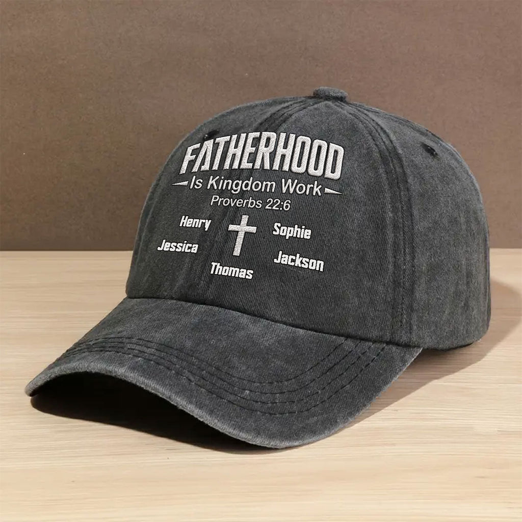 Custom Christmas Headwear Birthday Gifts for Dad, Grandpa • Fatherhood Is Kingdom Work - Personalized Vintage Washed Denim Cap