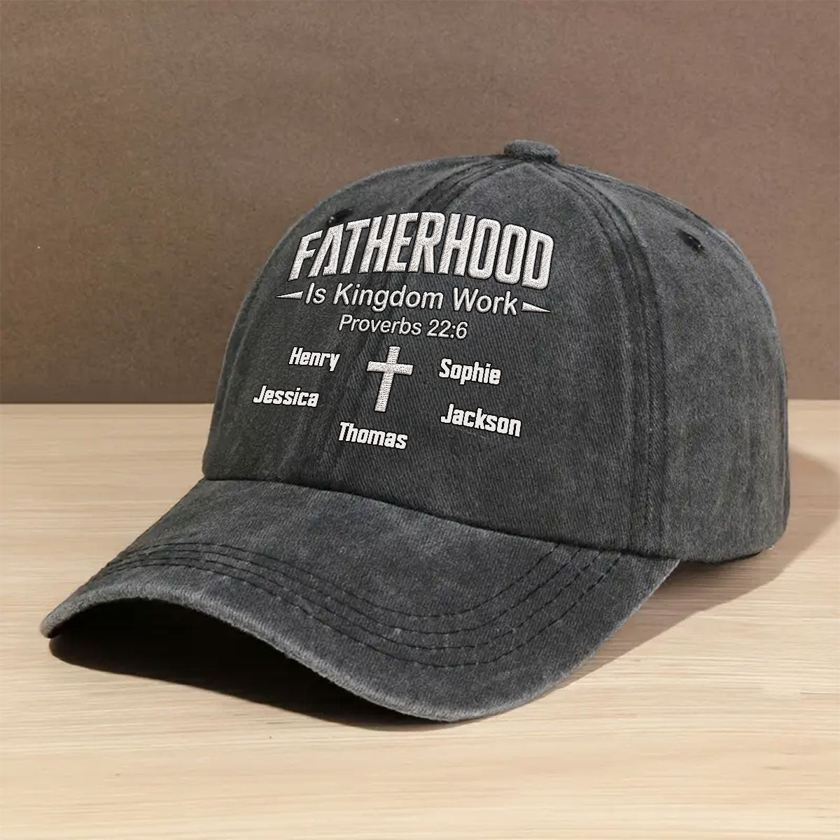 Custom Christmas Headwear Birthday Gifts for Dad, Grandpa • Fatherhood Is Kingdom Work - Personalized Vintage Washed Denim Cap