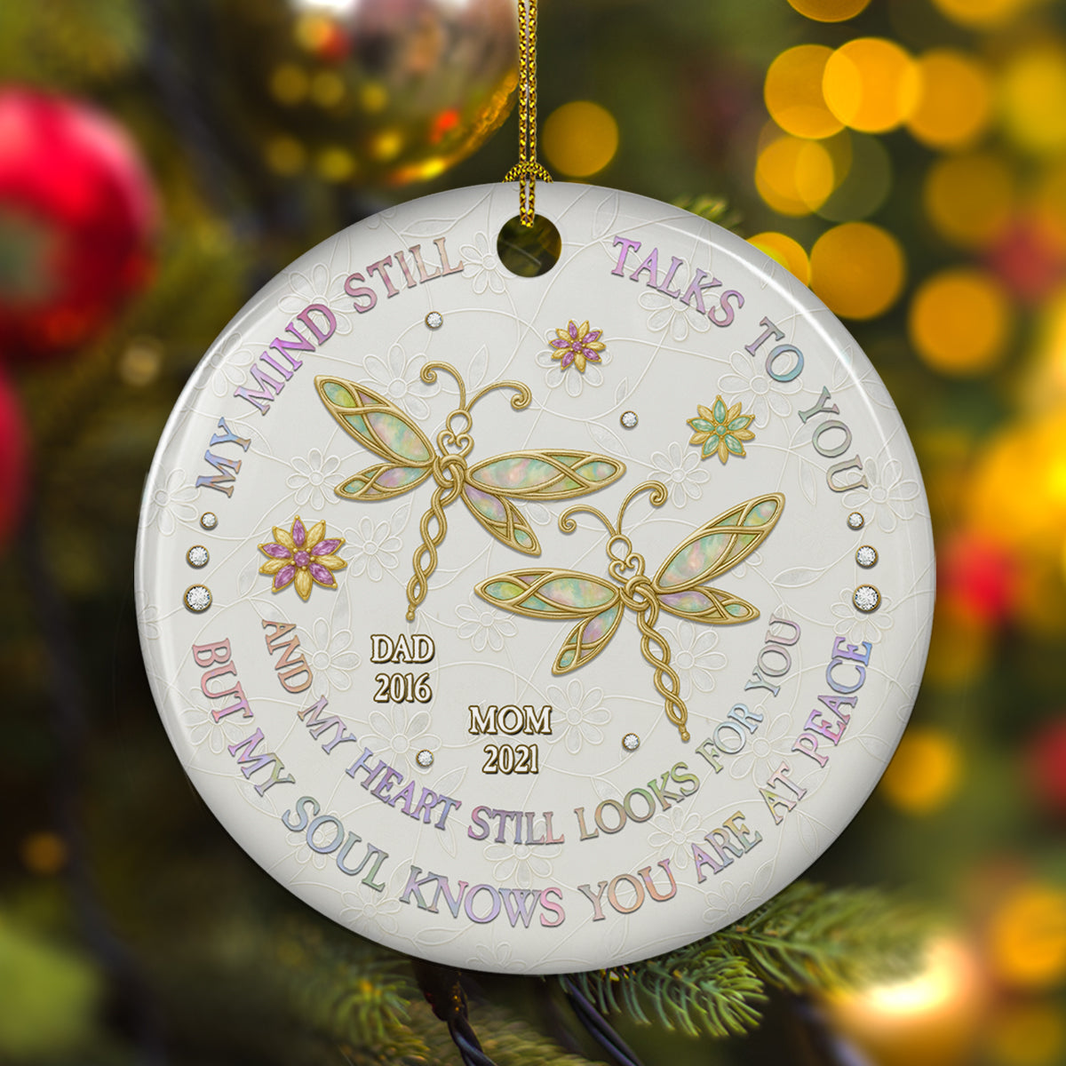 Custom Memorial Christmas Ornament, Sympathy Keepsake •  My Mind My Heart My Soul Mother Of Pearl - Personalized Ceramic Ornament
