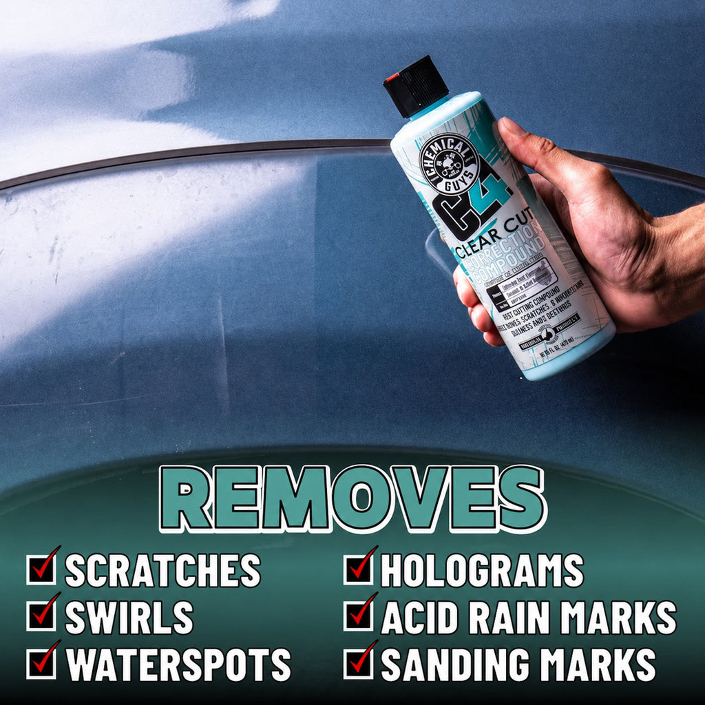 Hand holding C4 Clear Cut Correction Compound bottle over blue car hood - removes scratches, swirls, water spots, holograms, acid rain marks, and sanding marks